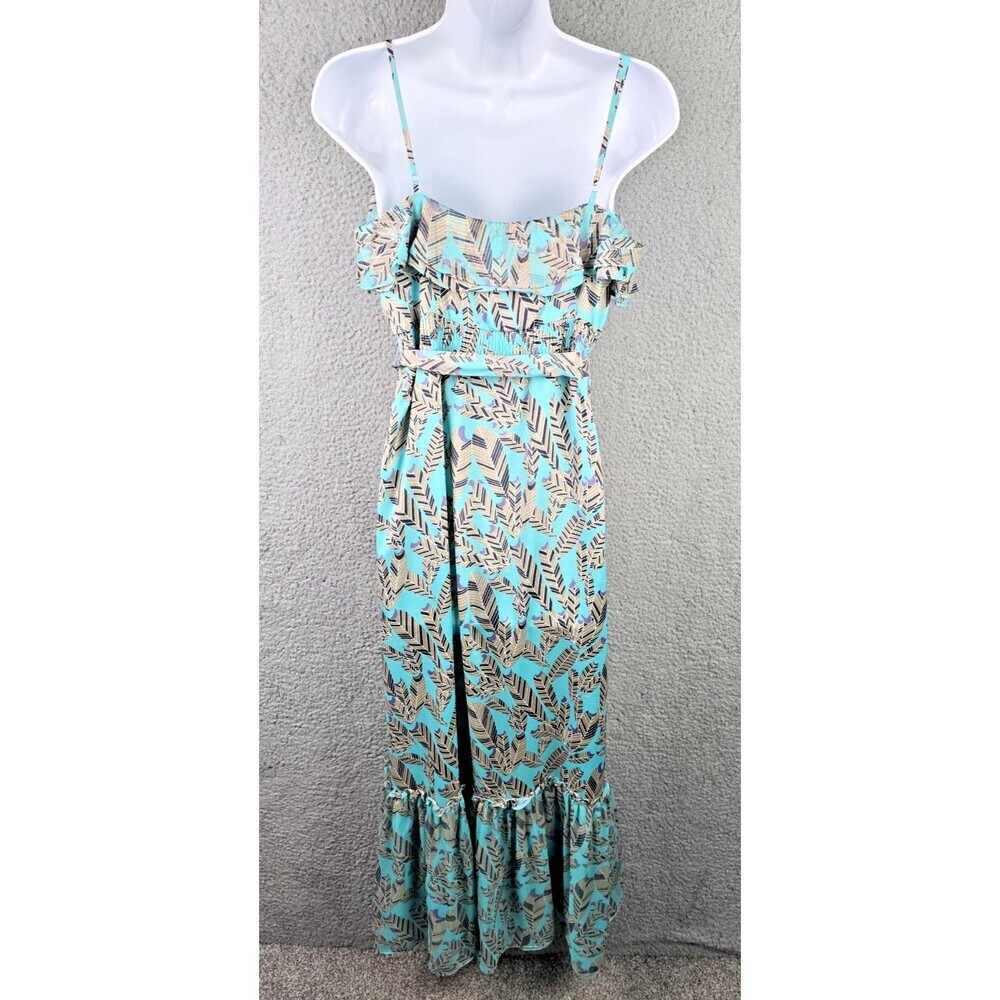 MM Couture Maxi Dress Large Jade Green Feather Ruffle Smocked Waist Boho Trendy - Picture 2 of 13